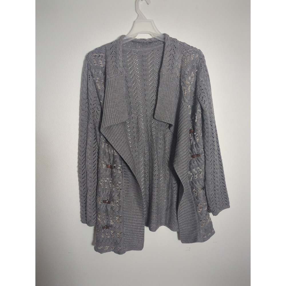 Cold Water Creek Womens Cable Knit Open Front Draped Cardigan Wool Sweater Large